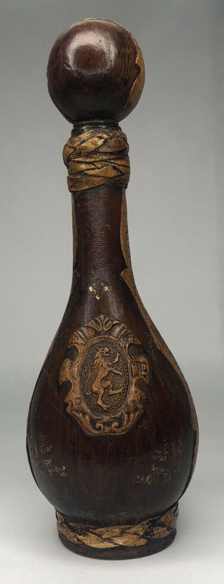 Vintage Leather Covered Bottle Decanter W Stopper Embossed Lion Crest Italy Gift