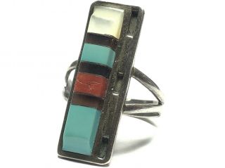 Vintage Ladies Sterling Silver Turquoise/coral/onyx/mop Ring - Size 6 Signed