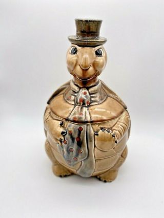 Vintage Made In Japan Ceramic Pottery Turtle Cookie Jar Wearing Hat & Tie