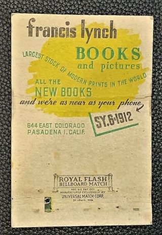 VINTAGE BILLBOARD MATCHBOOK COVER - FRANCIS LYNCH BOOKS - PASADENA,  CALIFORNIA 2