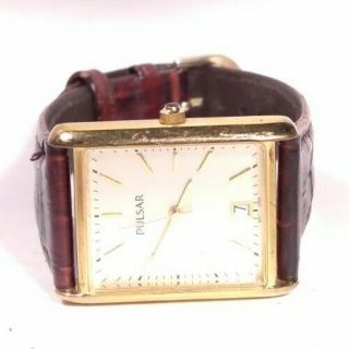 Vintage Pulsar Watch By Seiko Vx32 - X343 Gold Rectangle Case Brown Leather Band