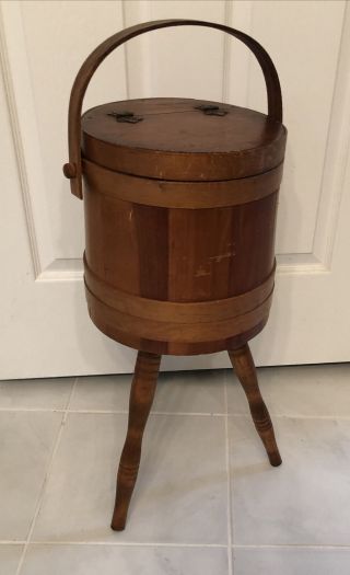 Vintage Mid Century Wood Slat Bucket Sewing Basket Box Table 3 Legs Handle Mcm