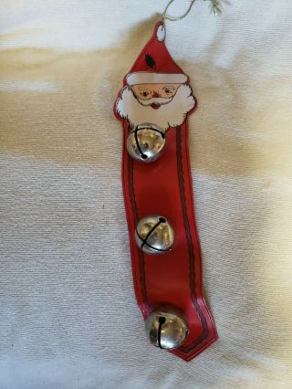Vintage Santachristmas Heavy Silver Jingle Bells Door Hanger Faux Leather Strap