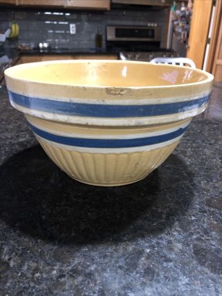 Vintage Yellow Ware Blue & White Striped Mixing Bowl