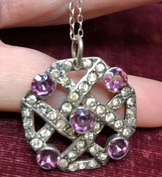 Vintage Art Deco Jewellery Silver & Amethyst Crystal Pendant & Chain