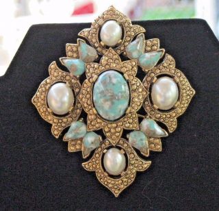 Vintage Sarah Coventry Faux Turquoise Faux Pearl Brooch / Pendant Gold Tone