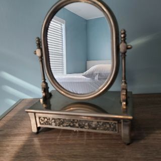 Vintage Swivel Oval Vanity Mirror Dresser Stand Vera Luciano Silver