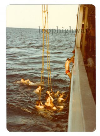 Shirtless Men Swim By Ship,  Light 1980s Vtg Old Color Photo,  Gay Int,  Water