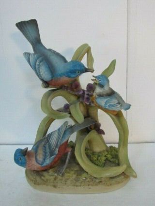 Vintage Andrea By Sadek Porcelain Figurine Bluebird Family With Wood Base