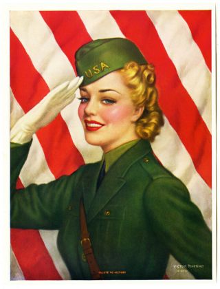 Vintage 1940s World War Ii Pin - Up Print Salute To Victory Girl Victor Tchetchet
