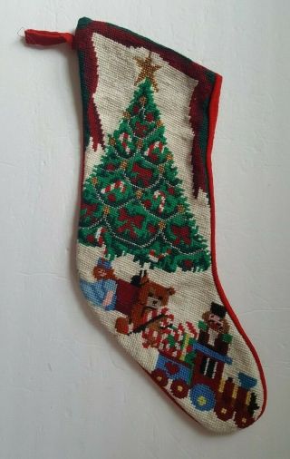 Vintage Needlepoint Christmas Tree And Toys Stocking - Cross Stitch
