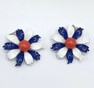 Vintage Estate Red White Navy Blue Enamel Daisy Metal Flower Clip On Earrings