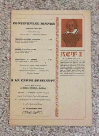 Vintage Menu Act I Restaurant Broadway Theatre Times Square Ny English Grill