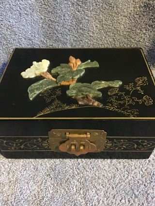 Vintage Chinese Black Lacquer Jewelry Box Jade Floral Detail Gold Flower