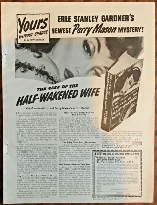 Perry Mason Book Ad Orig.  Vintage Print 1946 Retro 1940s Illus Gardner Wife Noir