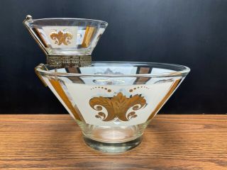 Vintage Anchor Hocking Chip & Dip Bowl Set Clear Glass Gold Wheat Fleur De Lis