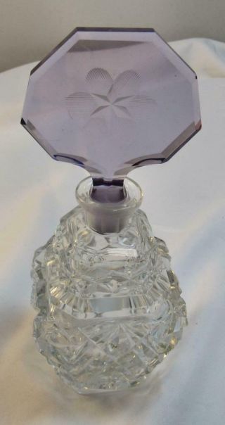 Vintage Czech Art Deco Cut Glass Perfume Bottle & Purple Stopper