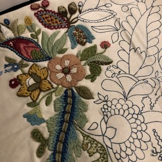 Vintage Crewel Embroidery Jacobean Floral To Complete (includes Pattern & Yarn)