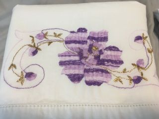 2 Vintage White Cotton Pillowcases W/purple & Gold Embroidery 18 " X 30 "