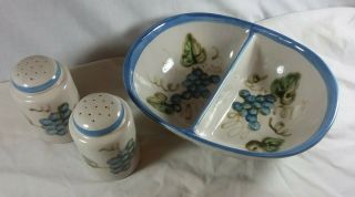 Vtg John Taylor Blue Grapes Salt Pepper Shakers & Divided Dish Ceramics Pottery