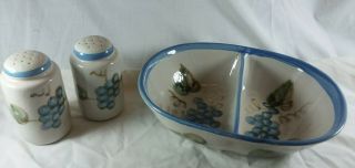 Vtg John Taylor Blue Grapes Salt Pepper Shakers & Divided Dish Ceramics Pottery 2