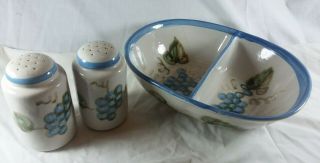 Vtg John Taylor Blue Grapes Salt Pepper Shakers & Divided Dish Ceramics Pottery 3