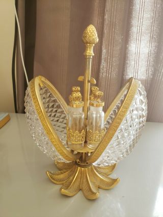 Vintage French Dore Bronze Cut Crystal Pineapple Perfume Caddy