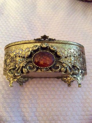 Vintage Gold Filigree Beveled Glass Ormolu With An Amber Colored Stone