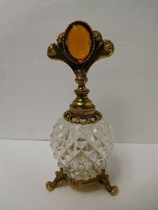 Vintage Gold Tone Jeweled Filigree Ormolu Vanity Perfume Bottle With Dauber