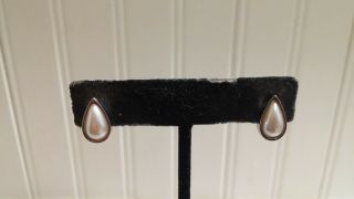 Avon Silvertone Metal Faux Pearl Plastic Cabochon Teardrop Clip - On Earrings