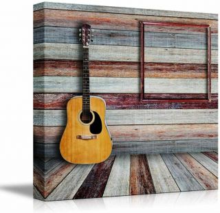 Wall26 Canvas Prints Wall Art - Guitar And Picture Frame In Vintage Wood Room