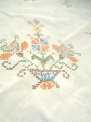 Vintage Off White Tablecloth Hand Embroidered Floral Crochet Hem 46 X 50”