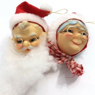 Vintage Rubber Face Santa Mrs Claus Head Ornament Pair 2 " Blue Hair Granny