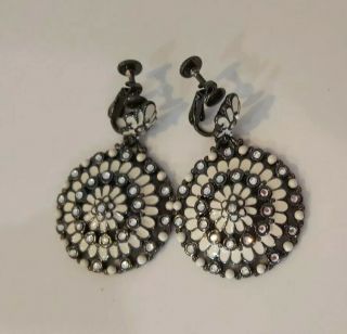 Vintage Joan Rivers White Flower Rhinestone Enamel Clip Earrings