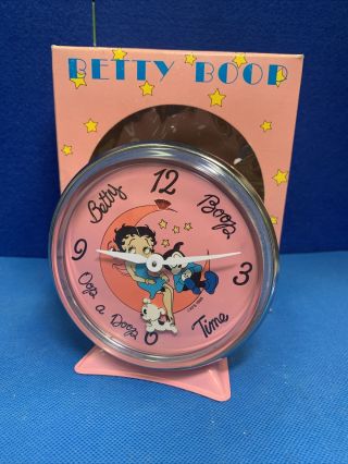 Vintage Betty Boop Pink Metal Alarm Clock,  1989,  Box 4.  25” Pristine