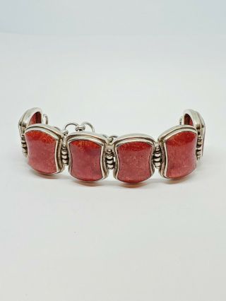 Vintage 925 Sterling Silver Red Coral Toggle Clasp Bracelet 42gr