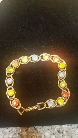 Sarah Coventry Vintage Jewelry Bracelet Goldtone With Blue,  Green,  Orange Stones