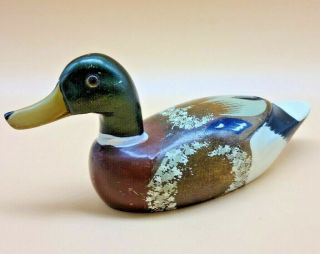 Vintage Hand Carved Painted Wood Mallard Duck Decoy Glass Eyes 7 " Long X 3 " Tall
