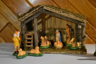 Vintage Sears Porcelain 11 Piece Nativity Set Hand - Painted With Stable My97169