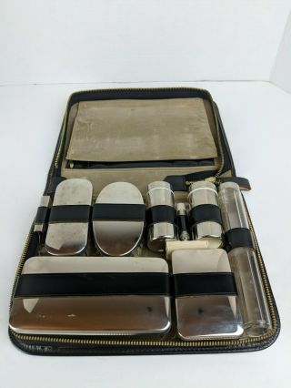 Vintage Bloomingdales Travel Grooming Shaving Kit Leather Zip Case Made Germany