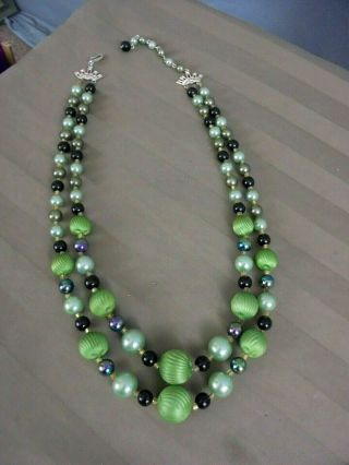 Vintage 1950s Jade Green Double Strand Beaded Bead Necklace W/ Hook Clasp 20 "