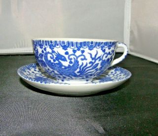 Cup & Saucer Set - Phoenix Bird China - Cobalt Blue & White - Flying Turkey Vtg - Signed