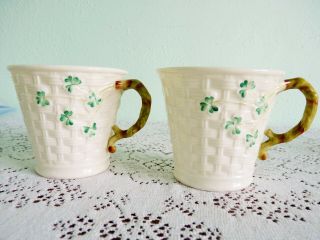 Vintage 2 Belleek Porcelain Shamrock Basket Weave Irish Coffee Mug Cup Ireland