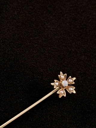 Vintage Art Nouveau 14k Yellow Gold Stick Pin: Seed Pearl & Opal Flower - Signed