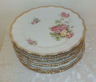 Set Of 8 Vintage Bavaria Red & Yellow Roses Scalloped Dinner Plates Gold Trim.