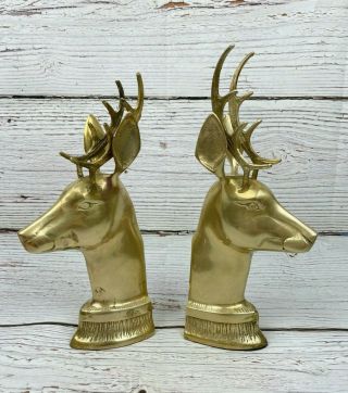 Vintage Pair Set Of Solid Brass Deer Buck Stag Head Book Ends 8 - Point Head