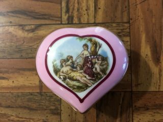 Vintage Limoges France Pink Heart Shaped Trinket Ring Box Nude Ladies 2 1/4 "