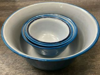Vintage Solid Blue Exterior White Interior Metal Enamelware 5 Piece Bowl Set