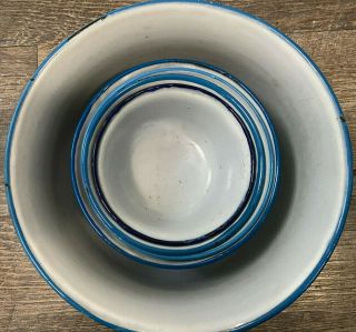 Vintage Solid Blue Exterior White interior METAL ENAMELWARE 5 piece bowl set 2