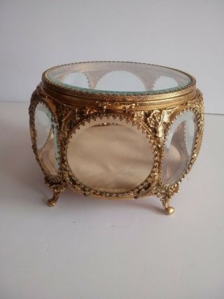 Matson 24 K Gold Plated " Ormolu " Jewelry Casket/box W/8 Beveled Glass Windows